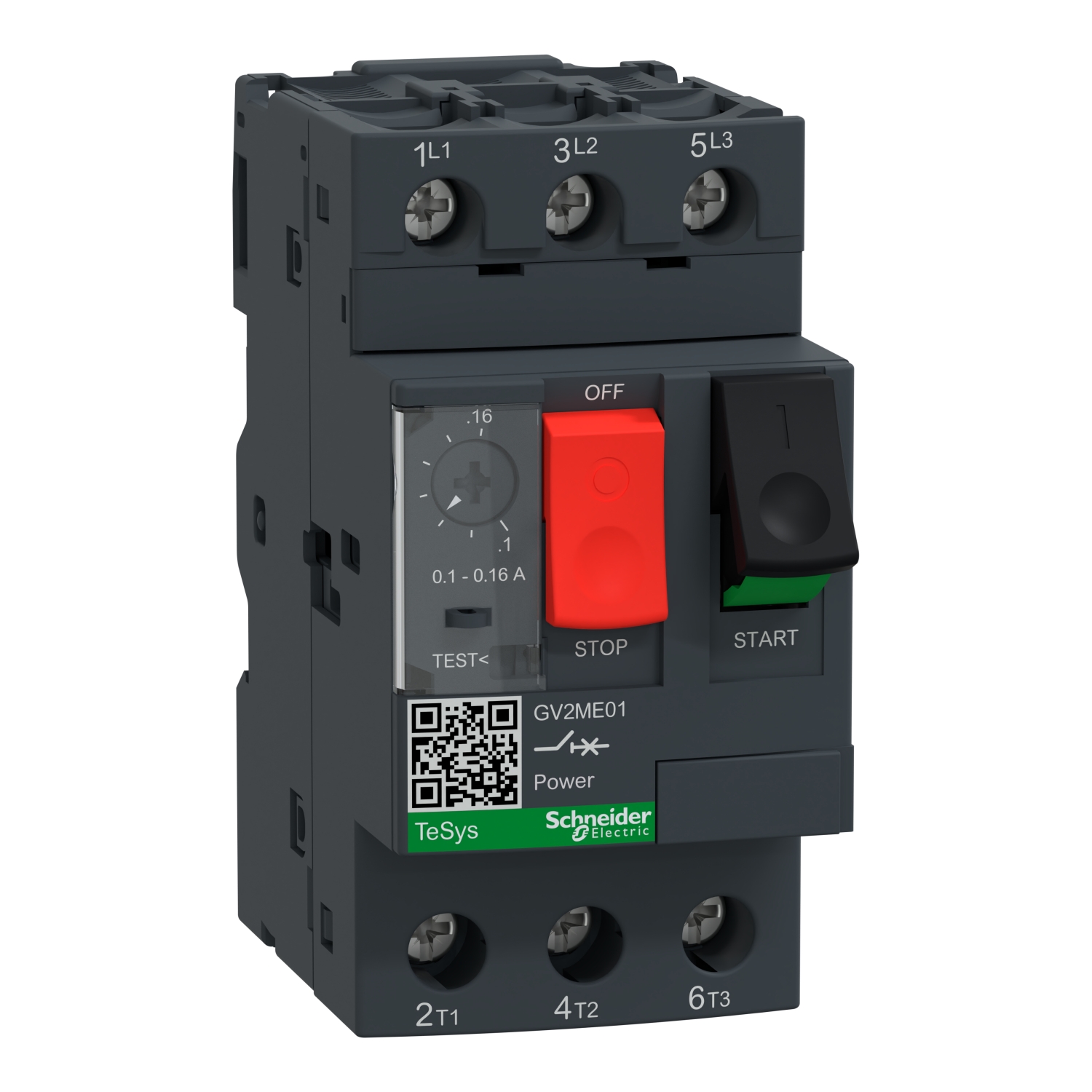 GV2ME01 Schneider Motor circuit breaker, TeSys GV2, 3P, 0.1-0.16 A, thermal magnetic, screw clamp terminals